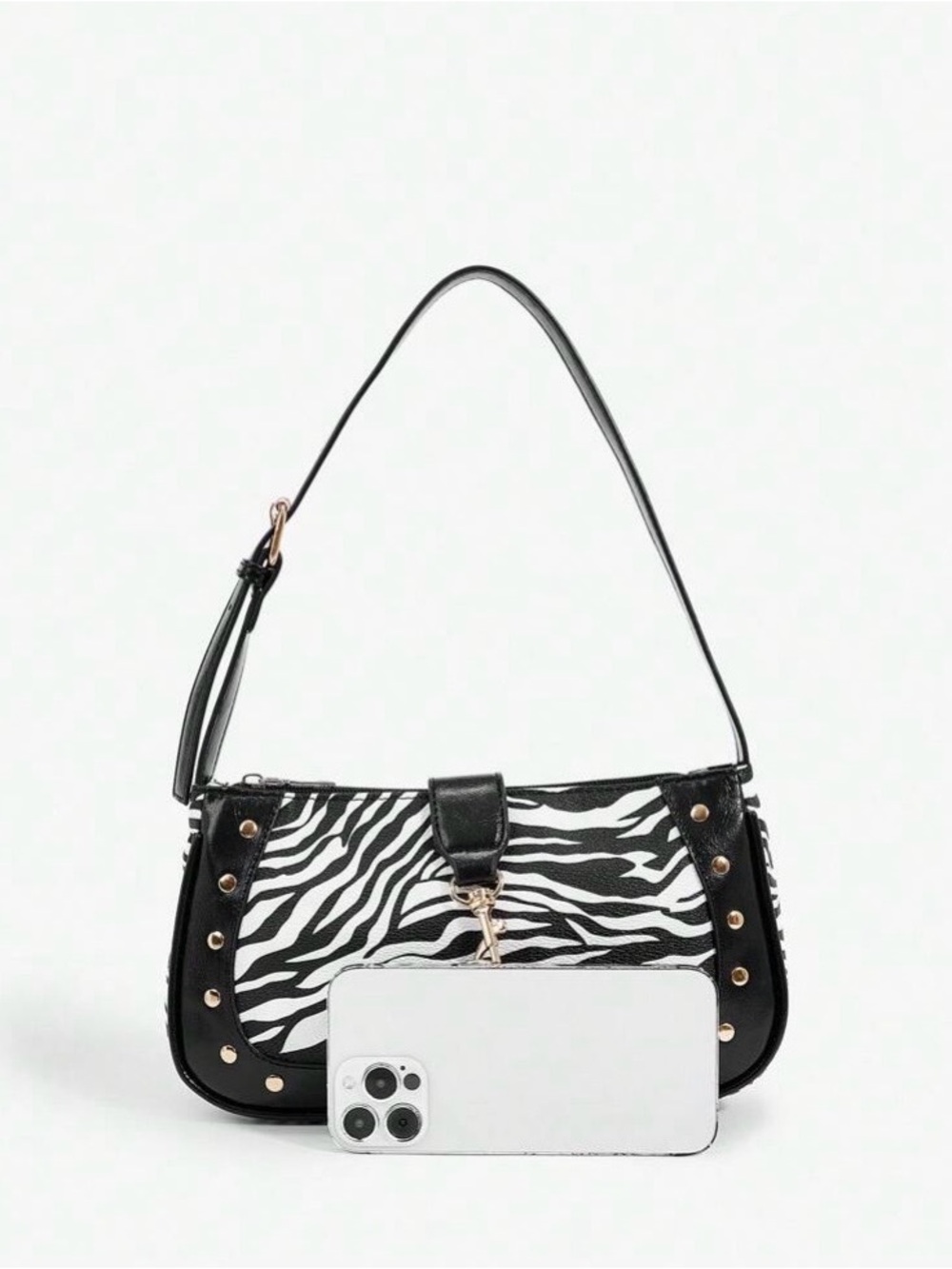 Black & White Zebra Print Shoulder Bag with Gold Accents - Picture 3 of 5
